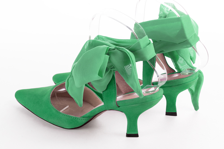 Emerald green women's open back shoes, with an ankle scarf. Tapered toe. Medium spool heels. Rear view - Florence KOOIJMAN